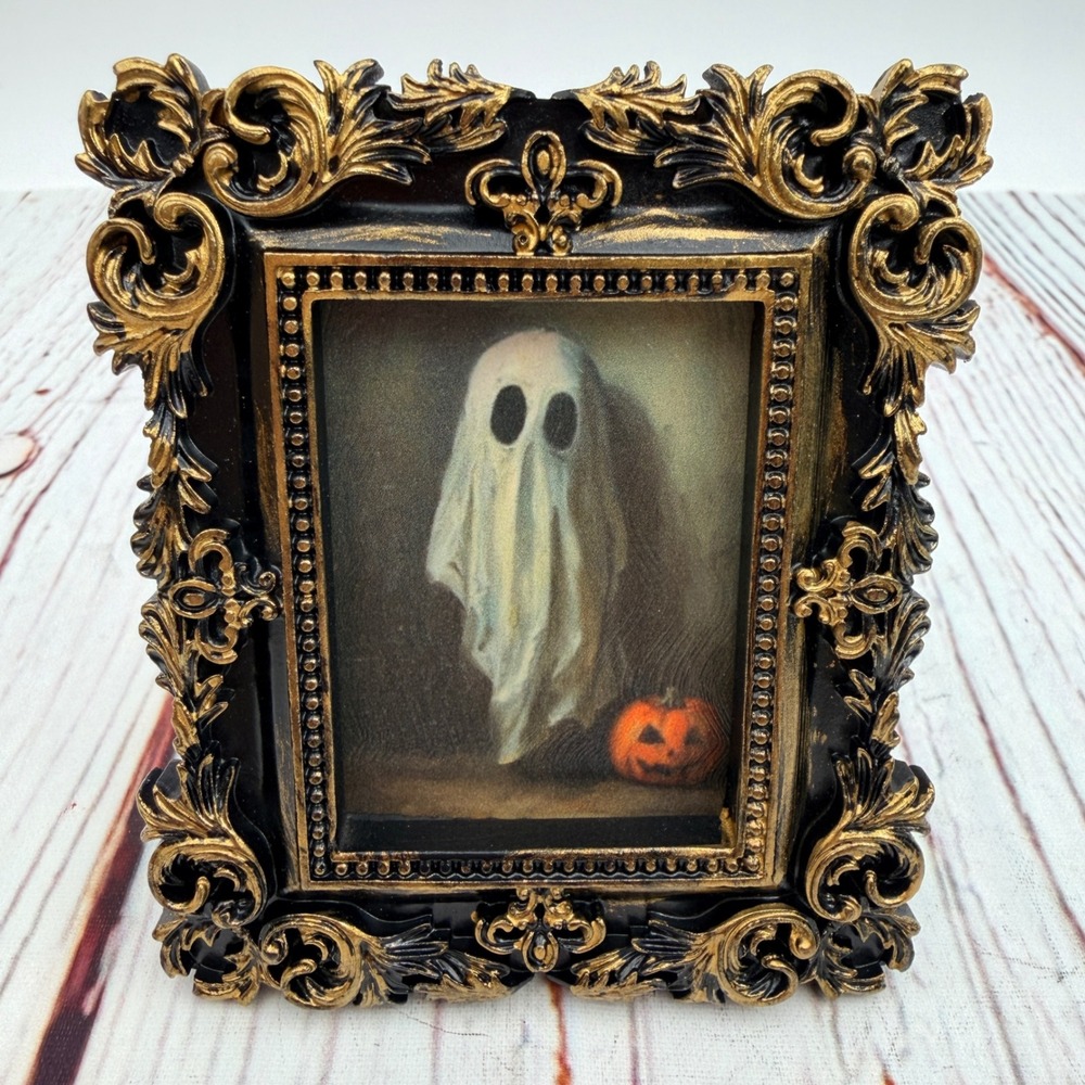 Handmade Ghost Pumpkin Art Print Decoupaged Ornate Black Gold Resin Frame
